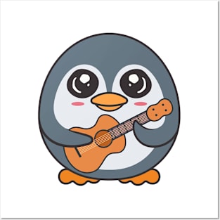 Adorable Penguin Playing Acoustic Guitar Cartoon Posters and Art